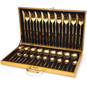 24pcs Gold Dinnerware Set Stainless Steel Tableware Set Knife Fork Spoon Luxury Cutlery Set Gift Box