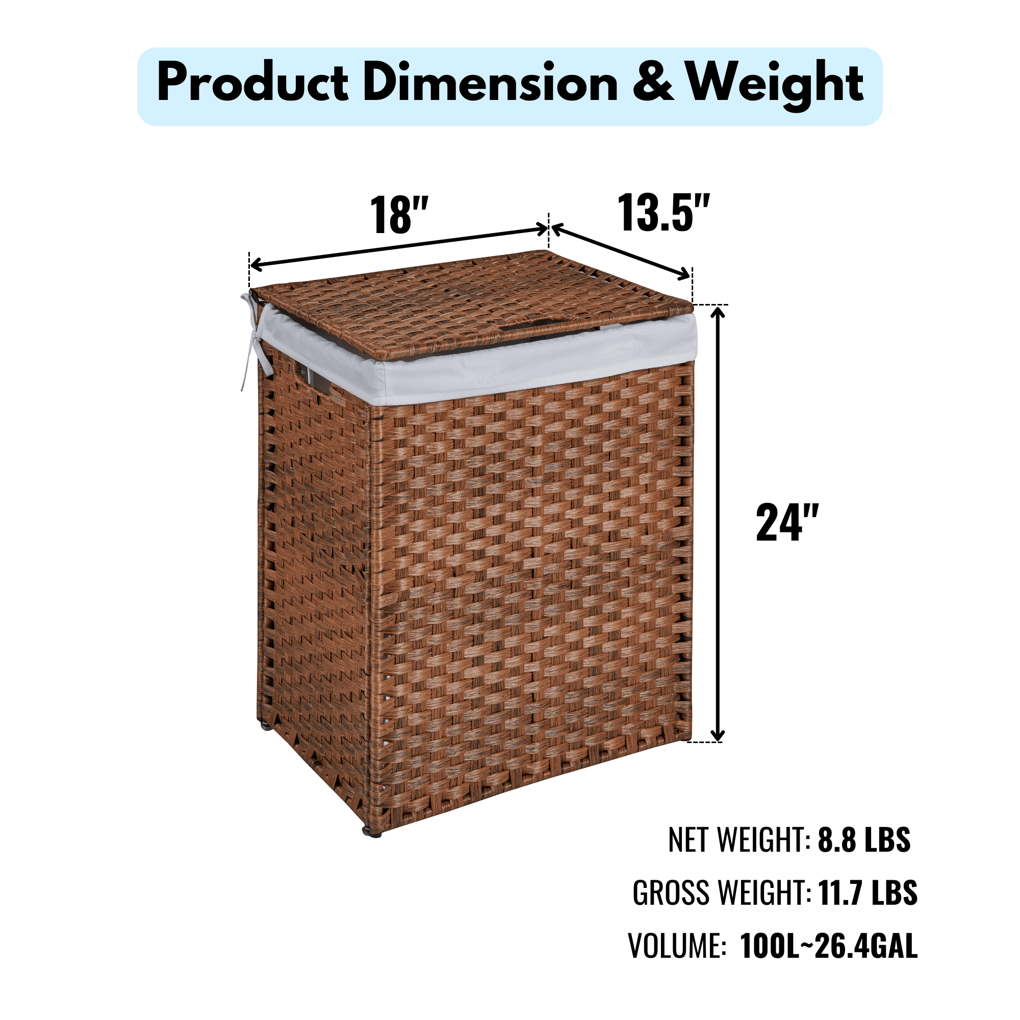 Laundry Hamper With Lid PE Rattan Powder Coating Frame Clothes Hampers with 02 Removable Bags, 100L, Brown Color - Image 8
