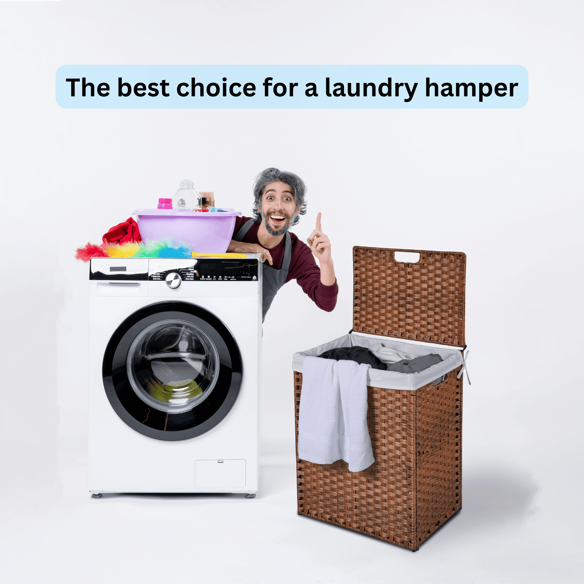 Laundry Hamper With Lid PE Rattan Powder Coating Frame Clothes Hampers with 02 Removable Bags, 100L, Brown Color - Image 14