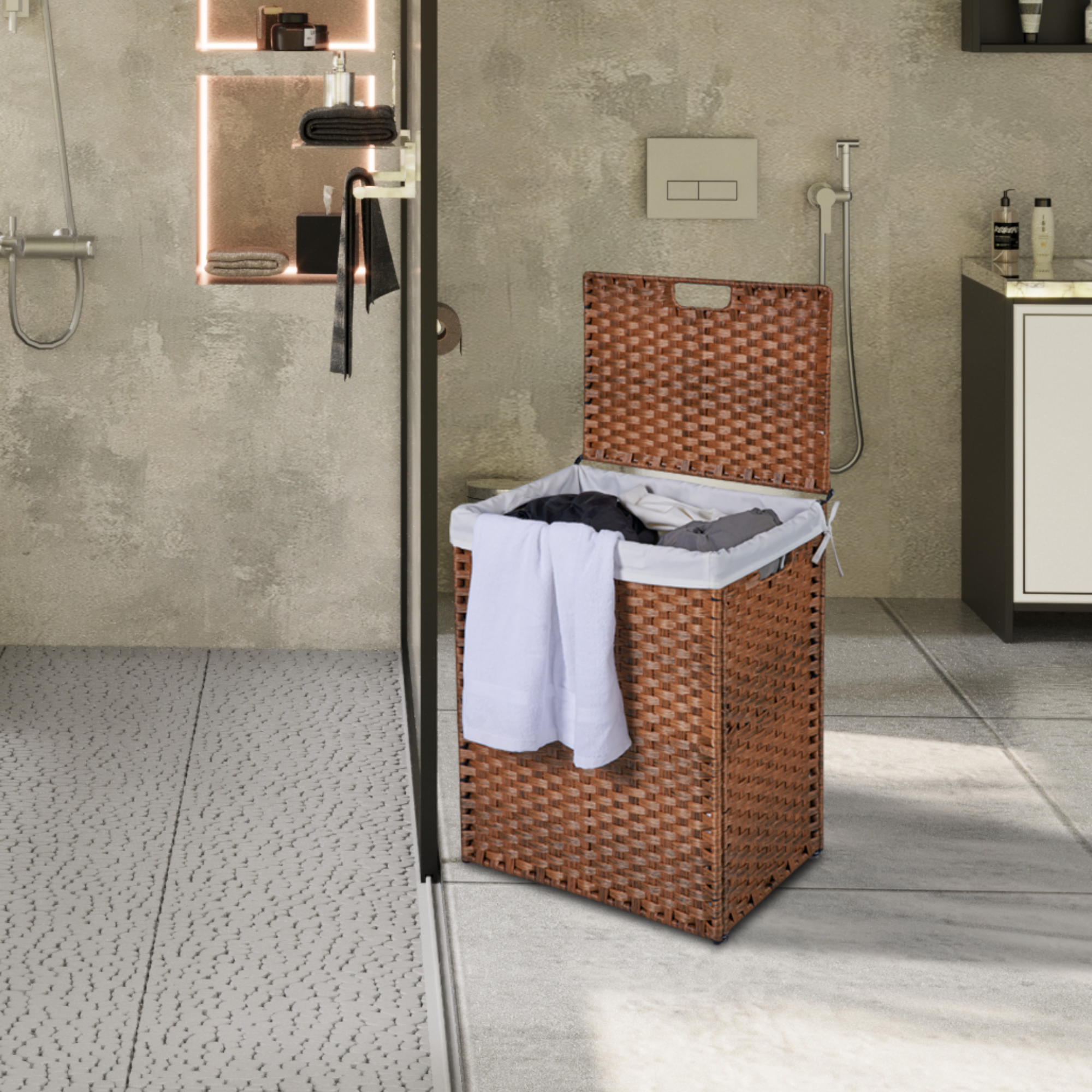 Laundry Hamper With Lid PE Rattan Powder Coating Frame Clothes Hampers with 02 Removable Bags, 100L, Brown Color - Image 9