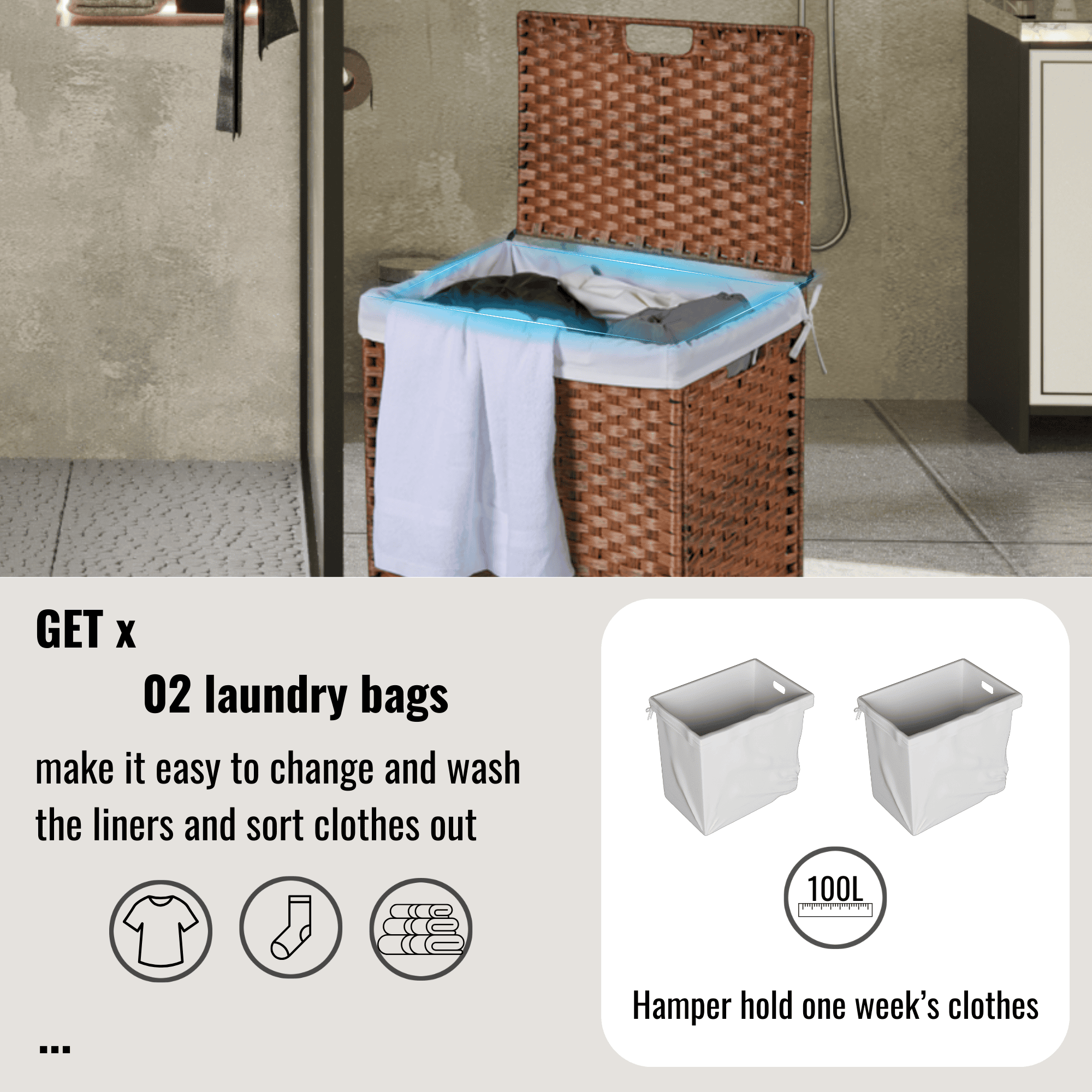Laundry Hamper With Lid PE Rattan Powder Coating Frame Clothes Hampers with 02 Removable Bags, 100L, Brown Color - Image 18