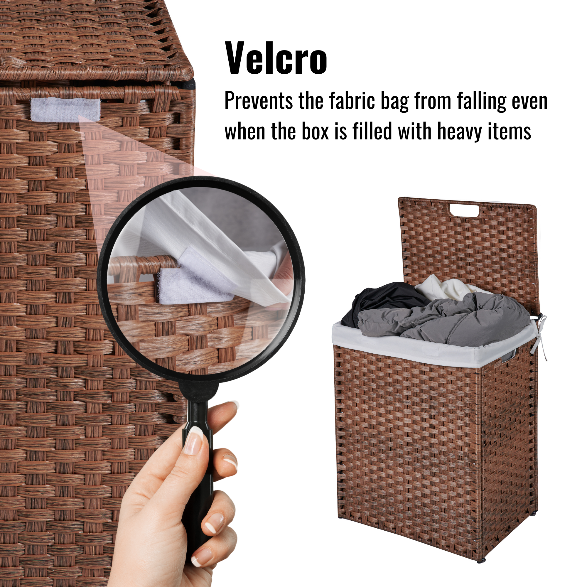 Laundry Hamper With Lid PE Rattan Powder Coating Frame Clothes Hampers with 02 Removable Bags, 100L, Brown Color - Image 2