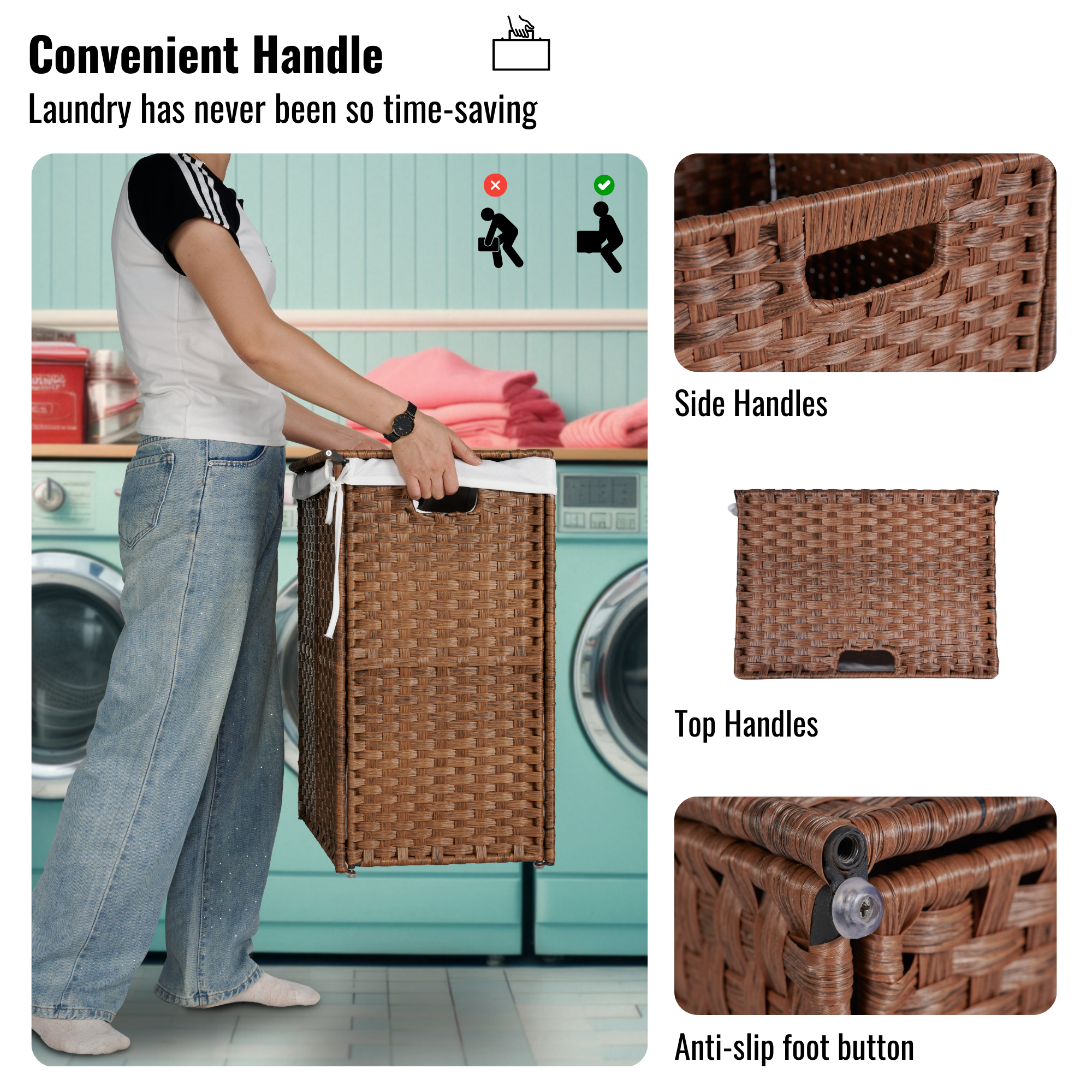 Laundry Hamper With Lid PE Rattan Powder Coating Frame Clothes Hampers with 02 Removable Bags, 100L, Brown Color - Image 13