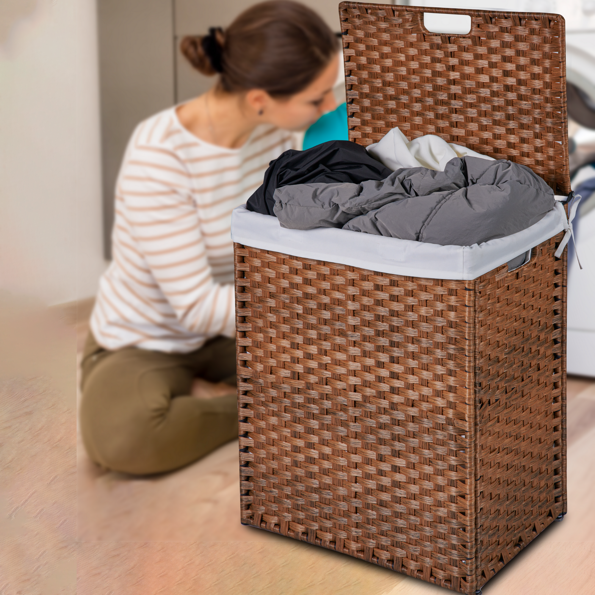 Laundry Hamper With Lid PE Rattan Powder Coating Frame Clothes Hampers with 02 Removable Bags, 100L, Brown Color - Image 6