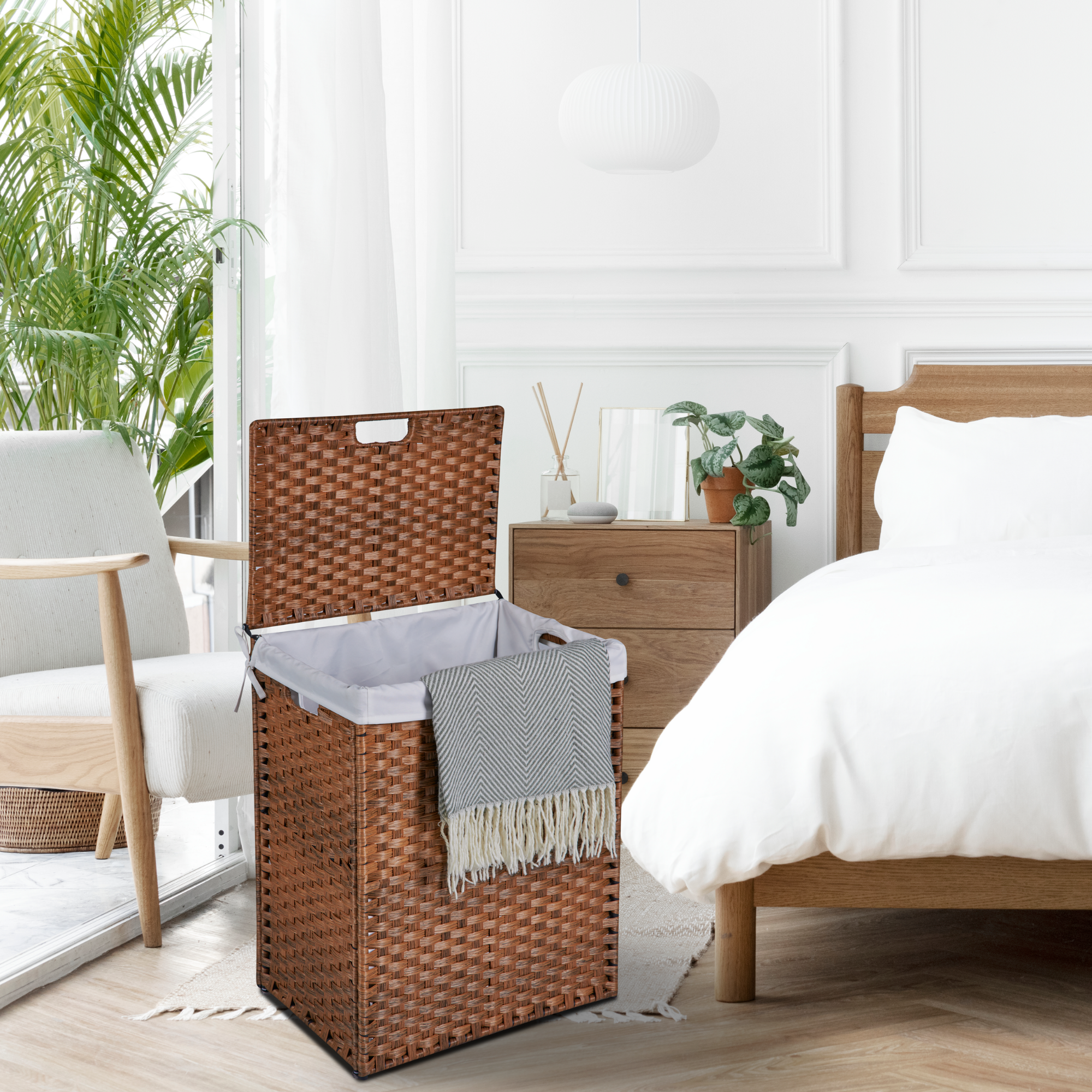 Laundry Hamper With Lid PE Rattan Powder Coating Frame Clothes Hampers with 02 Removable Bags, 100L, Brown Color - Image 15