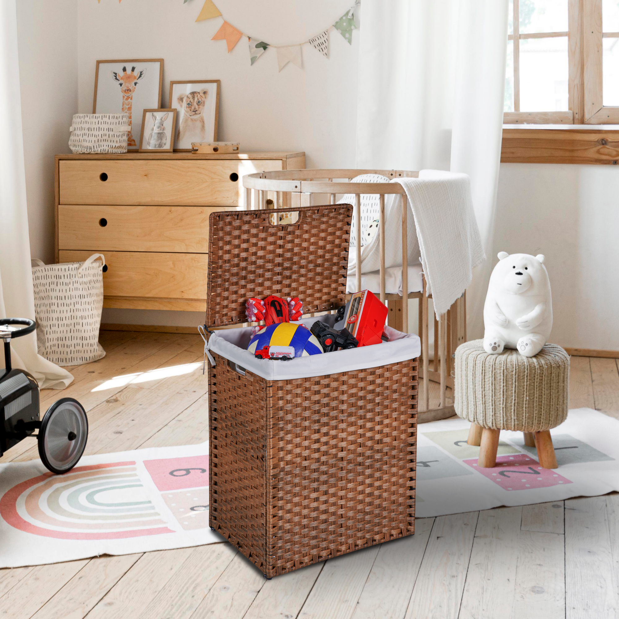 Laundry Hamper With Lid PE Rattan Powder Coating Frame Clothes Hampers with 02 Removable Bags, 100L, Brown Color - Image 3