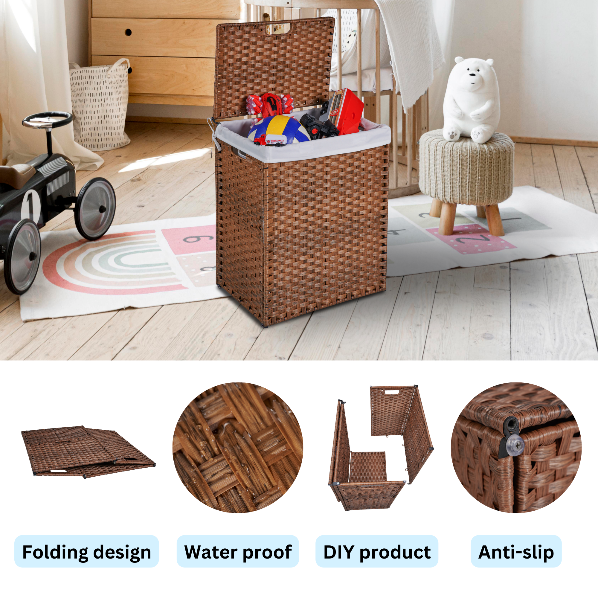Laundry Hamper With Lid PE Rattan Powder Coating Frame Clothes Hampers with 02 Removable Bags, 100L, Brown Color - Image 4