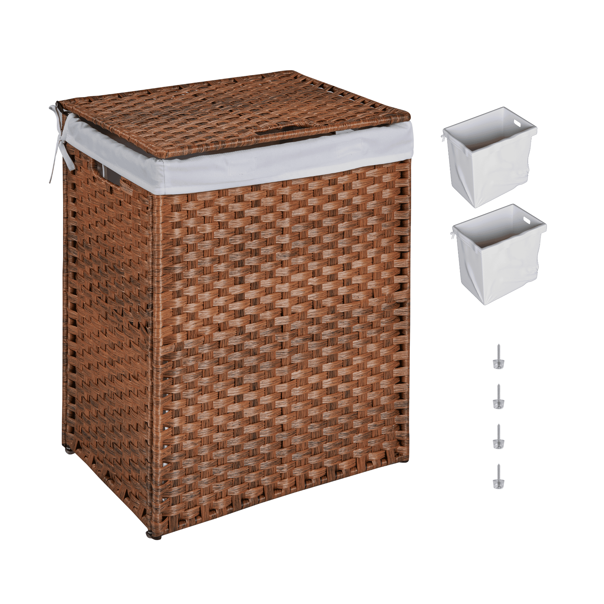 Laundry Hamper With Lid PE Rattan Powder Coating Frame Clothes Hampers with 02 Removable Bags, 100L, Brown Color - Image 12