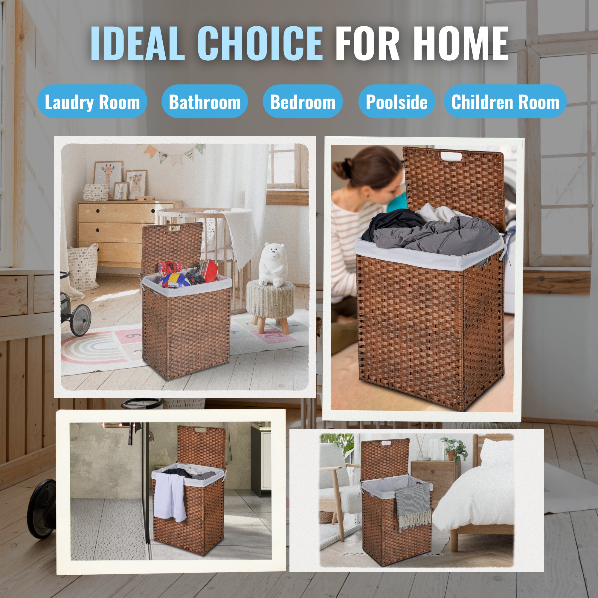 Laundry Hamper With Lid PE Rattan Powder Coating Frame Clothes Hampers with 02 Removable Bags, 100L, Brown Color - Image 11