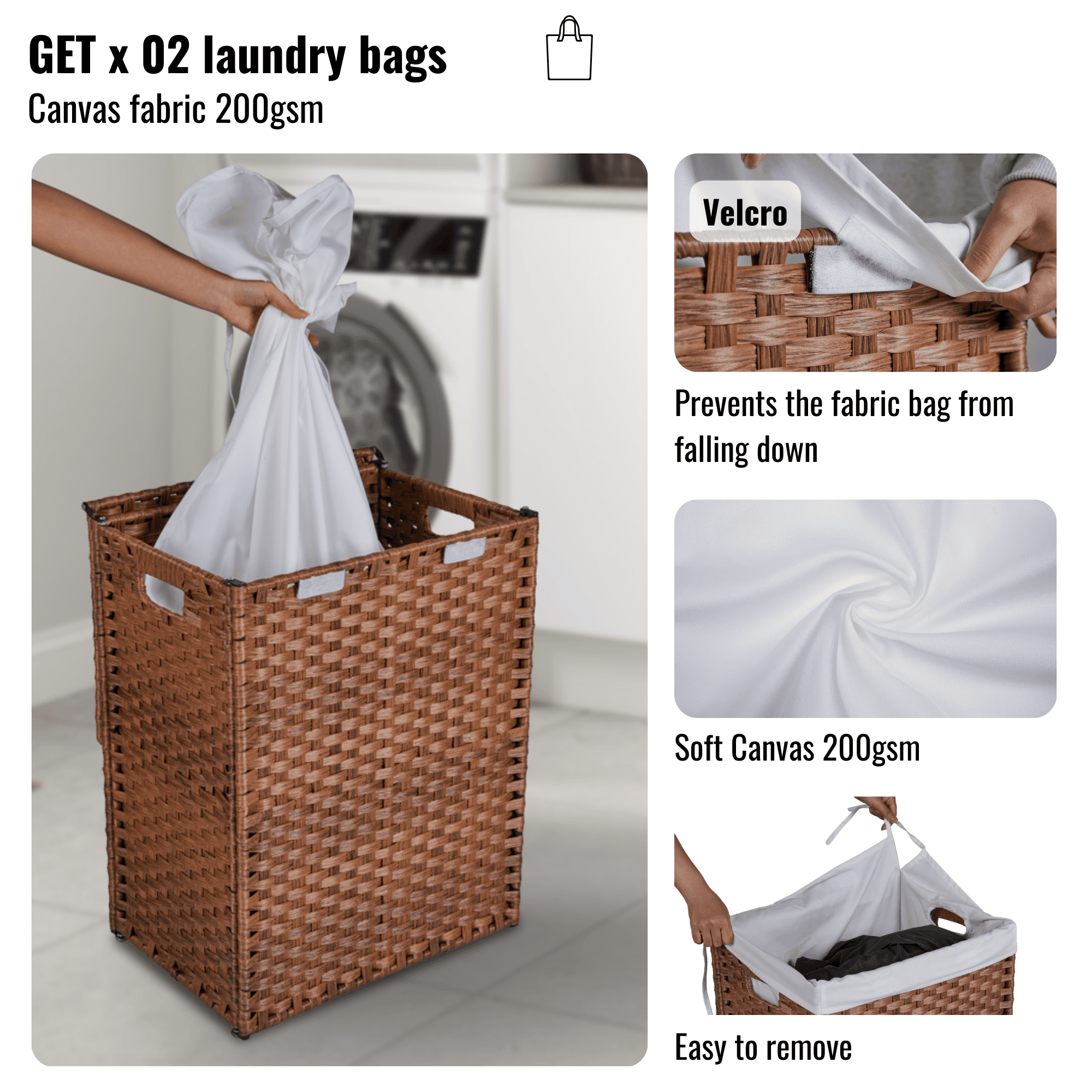 Laundry Hamper With Lid PE Rattan Powder Coating Frame Clothes Hampers with 02 Removable Bags, 100L, Brown Color - Image 5