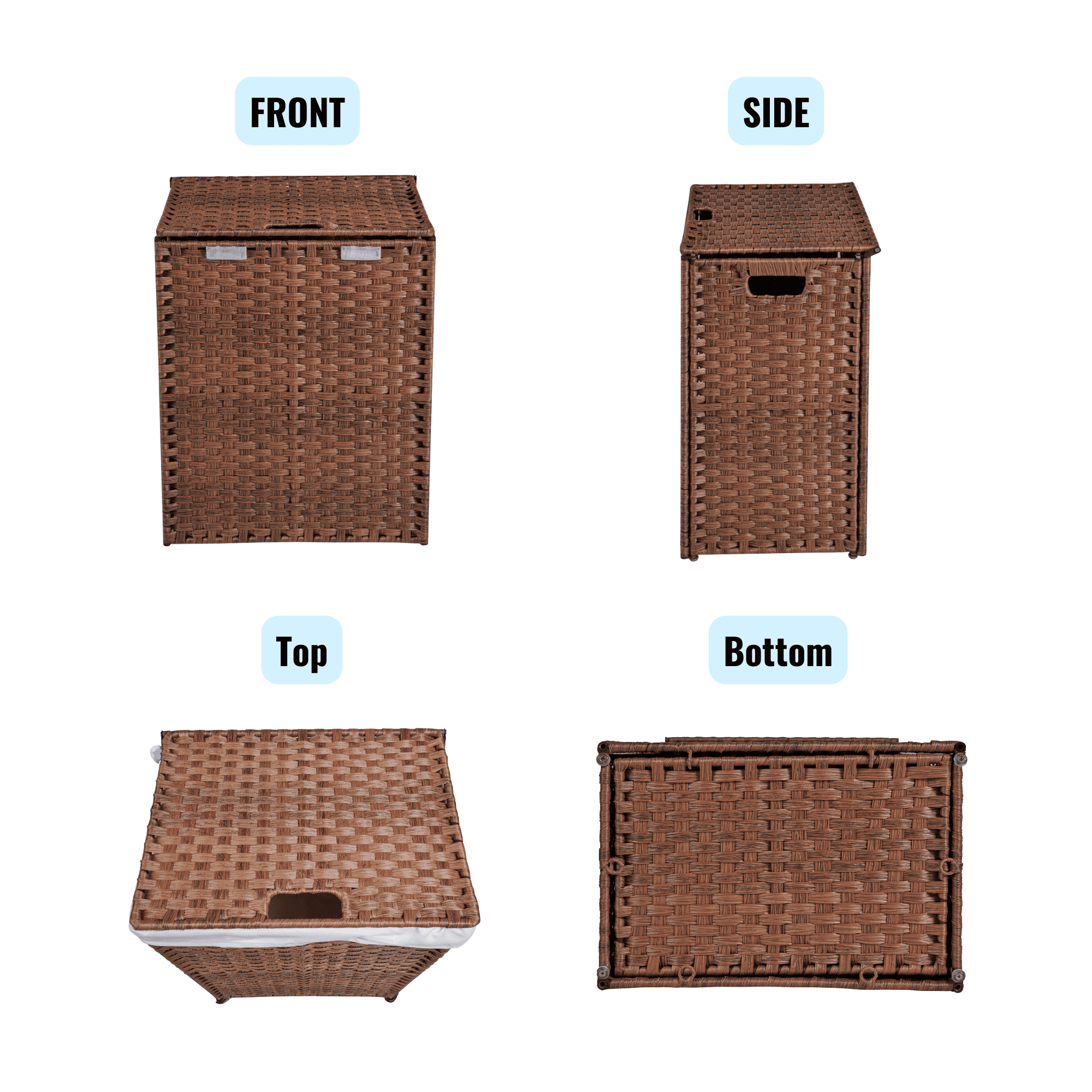 Laundry Hamper With Lid PE Rattan Powder Coating Frame Clothes Hampers with 02 Removable Bags, 100L, Brown Color - Image 21